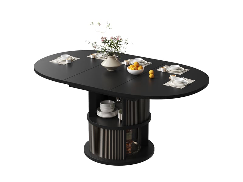 Table à manger ovale extensible 118158 x 80 x 77 cm, 4 à 6 personnes, pied cylindrique, rangement 2 niveaux, relief vertical, mdf, noir Bliss Lite - Conforama A