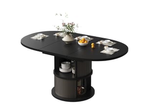 Table à manger ovale extensible 118158 x 80 x 77 cm, 4 à 6 personnes, pied cylindrique, rangement 2 niveaux, relief vertical, mdf, noir