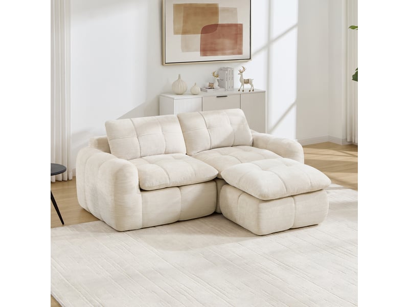  Canapé d’angle modulable 2 places modenvie avec repose-pieds, revêtement en chenille beige, 194 x 160 x 68 cm  - Conforama B