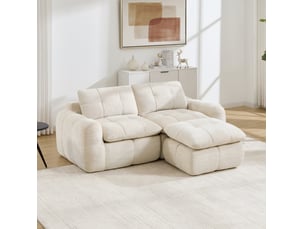 Canapé d’angle modulable 2 places modenvie avec repose-pieds, revêtement en chenille beige, 194 x 160 x 68 cm