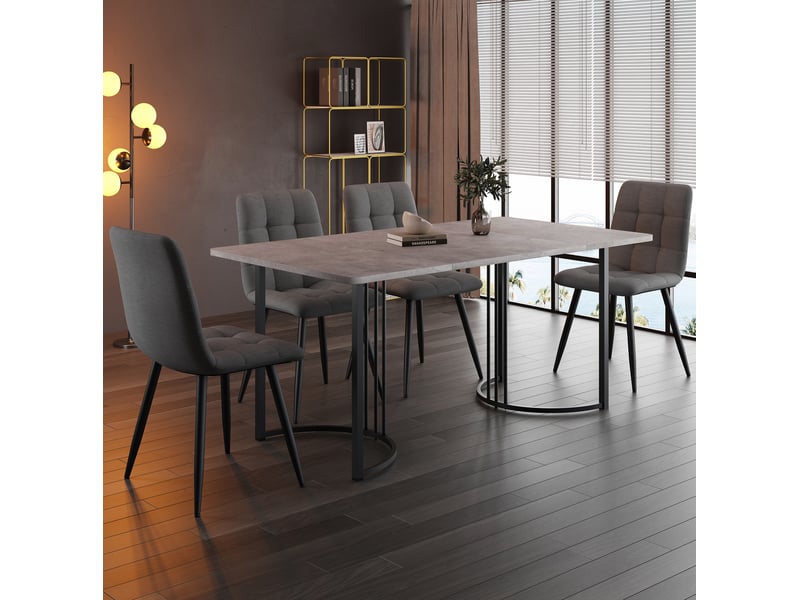  Ensemble table et chaises, table 140x80x75 cm, pieds métal noir, plateau mdf gris, meuble chambre, 4 chaises lin, gris  - Conforama B
