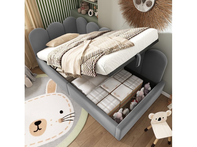  Lit coffre enfant 90x190 cm lit simple, design minimaliste moderne lattes métal rembourré velours gris sans matelas  - Conforama E