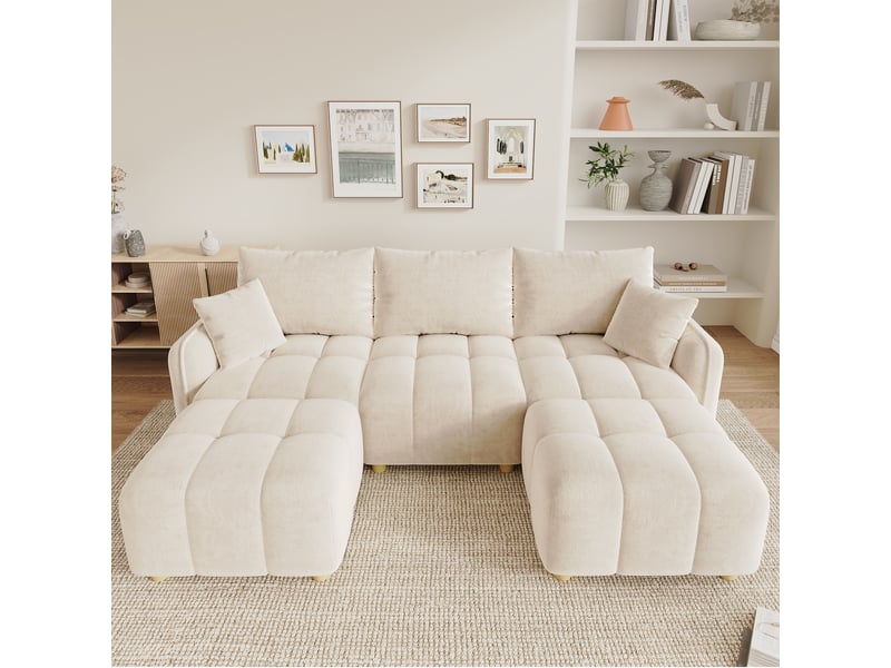 Canapé d’angle modulable 5 places 219x136x84 cm, lu convertible, 2 poufs, coussins inclus, tissu chenille, accoudoirs larges, beige Sol Morn - Conforama D