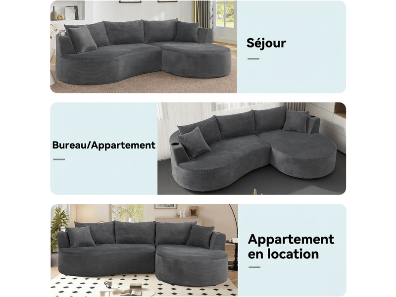  Canapé 3 places avec méridienne droite design courbé, velours côtelé doux, porte-gobelets intégrés  - Conforama D