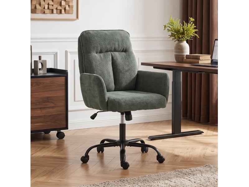  Chaise de bureau pivotante à assise large, réglable en hauteur et basculante, en tissu aspect lin vert foncé  - Conforama B