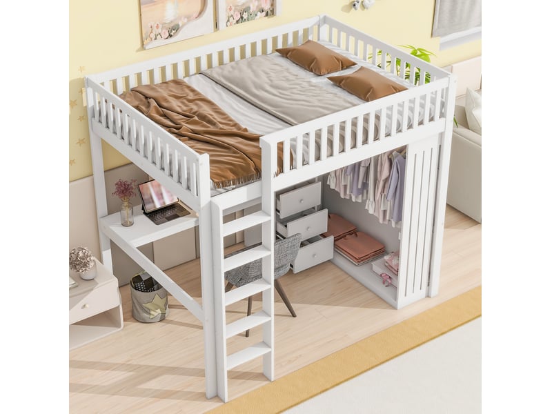  Lit mezzanine enfant 140x200 cm avec bureau, armoire et 3 tiroirs blanc  - Conforama E