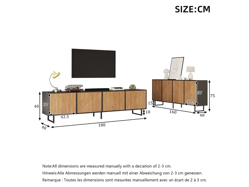  Ensemble meuble tv et buffet ulevr avec rangement, 180 x 40 x 50 cm et 160 x 40 x 75 cm, naturel et noir  - Conforama C