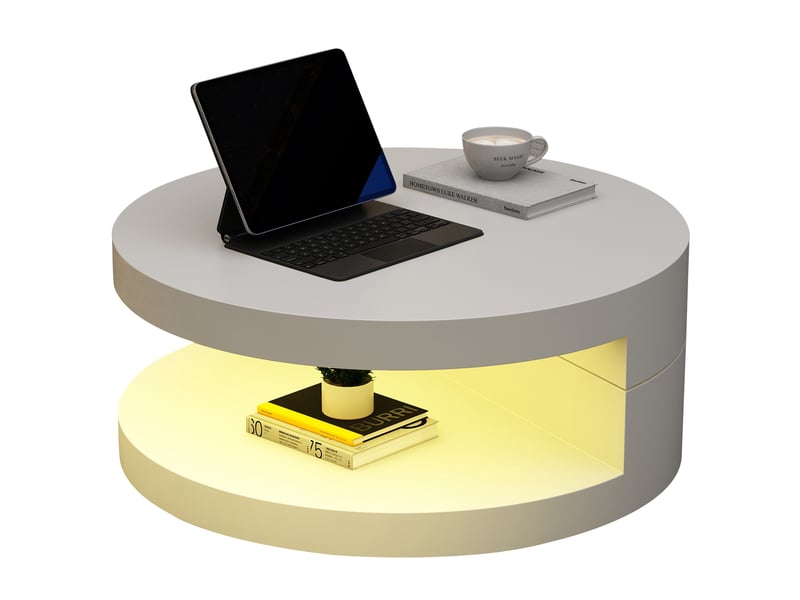  Table basse ronde à plateau pivotant 360 avec led et 2 niveaux de rangement pour salon, 70 × 70 × 35,5 cm  - Conforama A