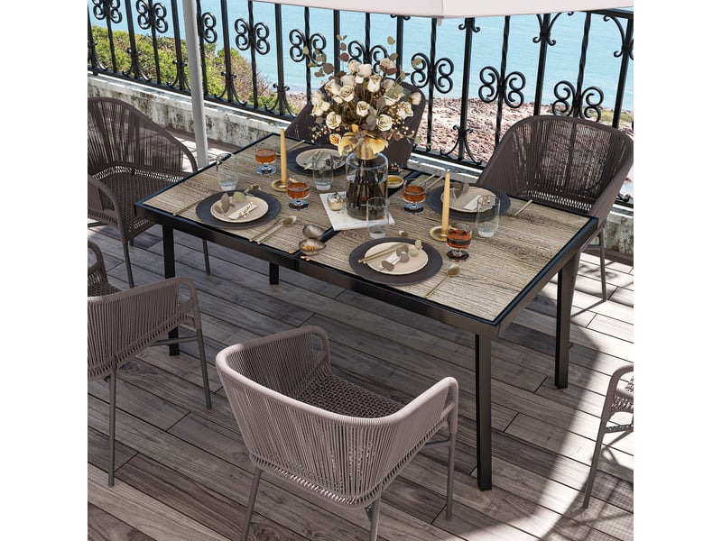  Table de jardin 145 x 85 x 72 cm grise en acier, plateau plastique aspect bois, pour 6 personnes  - Conforama B
