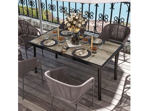 Table de jardin 145 x 85 x 72 cm grise en acier, plateau plastique aspect bois, pour 6 personnes