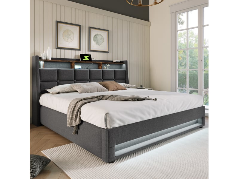  Lit double 140 x 200 cm gris en lin avec rangement, led, usb et matelas  - Conforama C