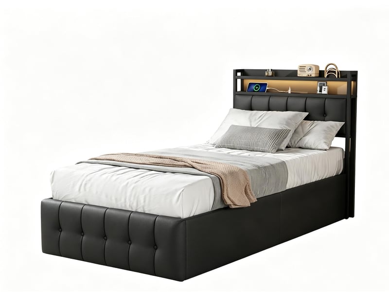  Lit adulte 90x200 cm – lit coffre - lit simple – usb‑c – tête de lit led rgb–  sommier à lattes – cuir noir  - Conforama A