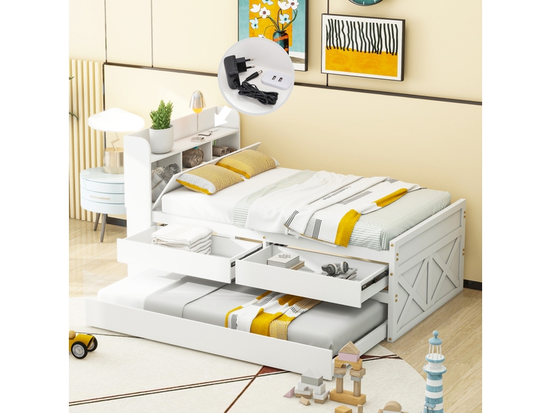  Lit simple moderne 90x190 cm avec gigogne et 2 tiroirs, bois, blanc, sans matelas  - Conforama B