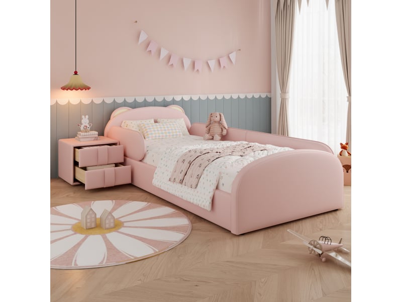 Lit simple 90x200 cm rose en pu avec tête de lit ourson et table de chevet - Conforama D