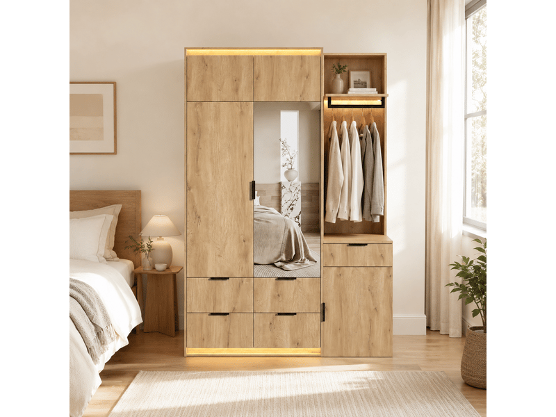  Armoire de chambre - armoire, ensemble armoire, avec éclairage led et penderie, 135 x 47 x 200 cm, 135 x 47 x 200 cm, bois  - Conforama E