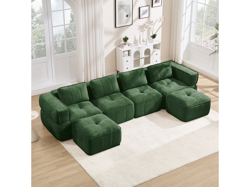Canapé modulaire en u 4 places avec 2 repose-pieds mousse 32d base antidérapante sans montage en polyester vert - Conforama D