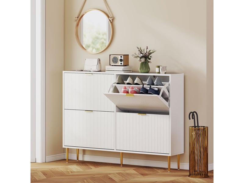  Meuble à chaussures étroit avec 4 portes cannelées et étagères réglables pour 20 paires de chaussures, 105 x 24 x 91,5 cm, blanc  - Conforama B
