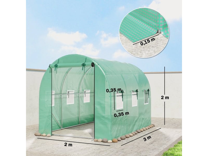  Serre de jardin tunnel 300x200x200 cm – verte – 2 portes enroulables, 6 fenêtres filet et armature acier  - Conforama C