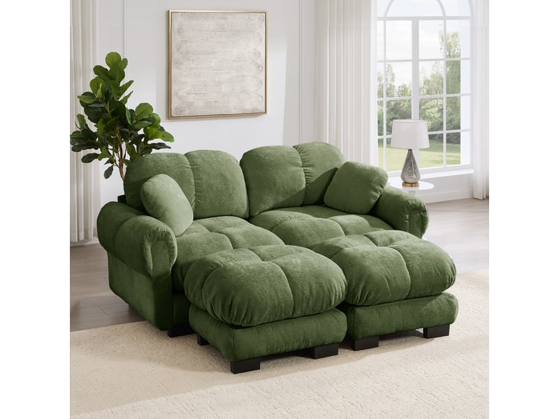  Canapé modulable en u 2 places, avec 2 poufs mobiles, 190 x 149 x 90 cm, chenille vert  - Conforama D