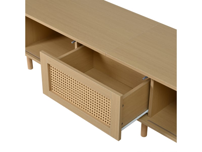  Meuble tv bas moderne mdf – porte coulissante et tiroir – 180×40×40 cm – bois clair – tv jusqu’à 75'' – salon  - Conforama E