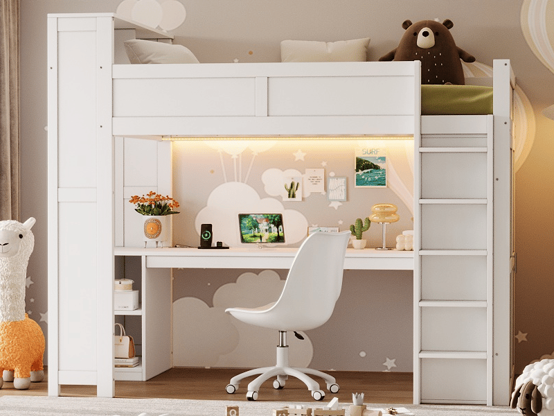 Lit mezzanine 90 × 200 cm, bureau, armoire, étagères, éclairage led, ports usb et escalier de rangement, blanc - Conforama B