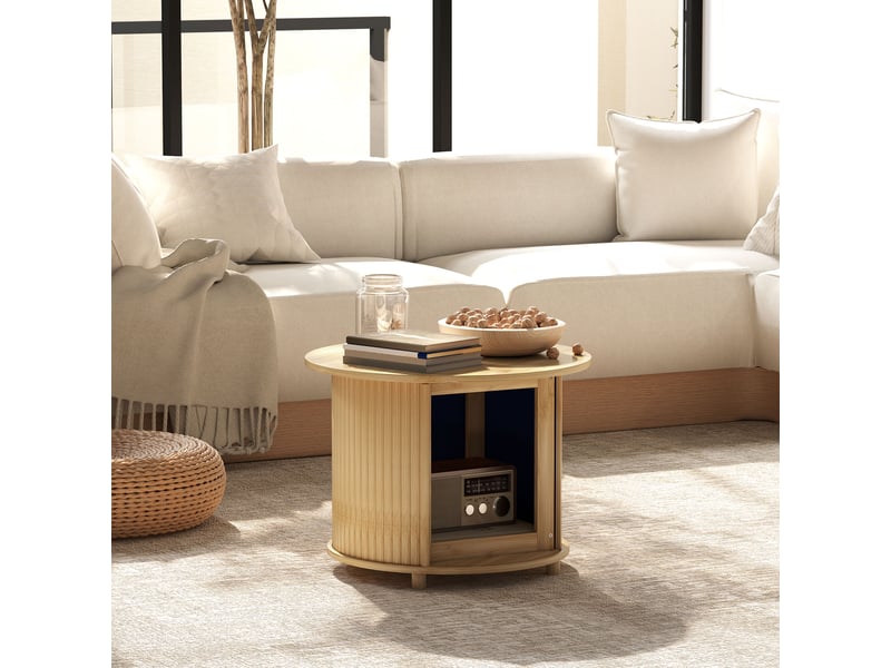  Table basse ronde table de salon en bambou avec rangement caché et porte coulissante, bois naturel, dim.  60 x 45h cm  - Conforama W