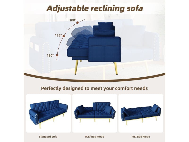  Canapé dossier doublement dépliable fonction couchage trois angles d’inclinaison réglables porte-gobelet revêtement tissu coloris bleu  - Conforama D