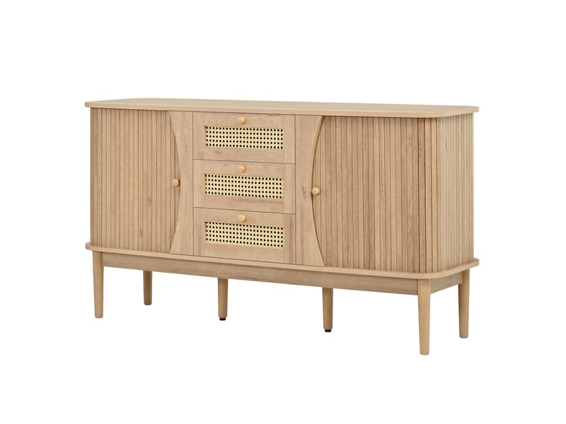 Buffet 141x40x77 cm à portes coulissantes et tiroirs en rotin, mdf coloris naturel - Conforama A