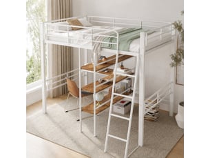 Lit mezzanine enfant 90 x 200 cm blanc avec bureau, étagères, échelle et garde-corps
