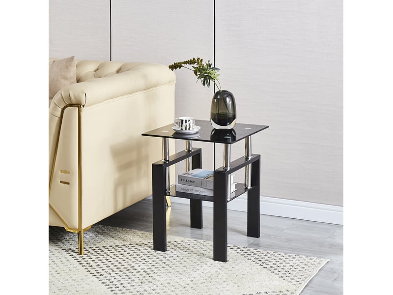  Table d'appoint 45 x 45 x 52 cm en verre trempé noir avec étagère inférieure, pieds en métal  - Conforama E