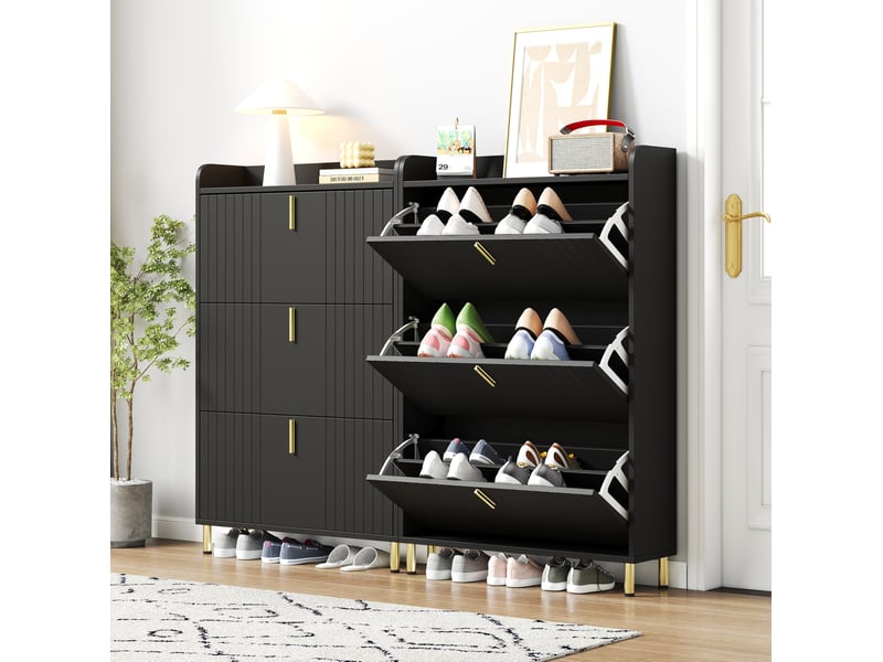  Lot de 2 meubles à chaussures avec 3 abattants, étagères réglables, pour entrée en mdf noir 80 × 23 × 123,5 cm  - Conforama B