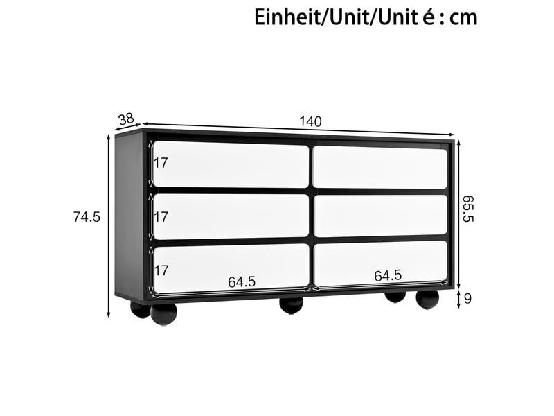  Commode 140x38x74,5 cm avec 6 tiroirs, pieds en métal, buffet,en mdf, style moderne, blanc et noir, angles arrondis  - Conforama C
