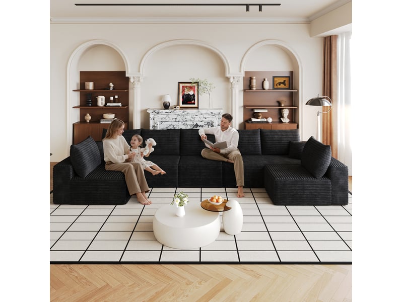  Canapé modulaire 7 places avec méridienne, assise profonde en velours côtelé noir, 422 × 165 × 83 cm  - Conforama D