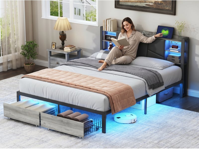  Lit 2 places 140x200 cm - pu noir - led rgb, usb, rangement et 2 tiroirs  - Conforama E