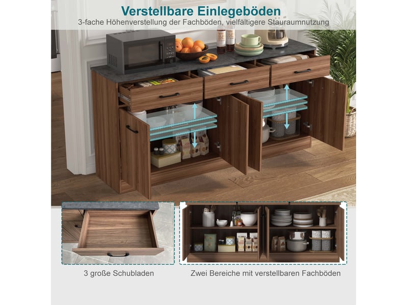 Buffet de cuisine 160 cm aspect noyer, îlot de cuisine avec 3 tiroirs et plan de travail effet béton  - Conforama W