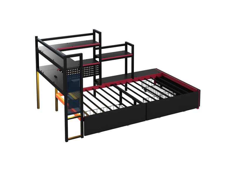  Lit simpple 90x200 cm, style gaming, 3 tiroirs, lit enfant, led, panneau perforé, rangement, métal noir sans matelas  - Conforama E