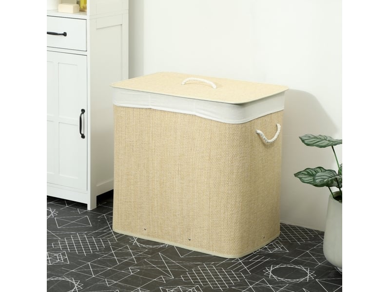  Panier à linge à 3 compartiments avec couvercle et sac lavable amovible en bambou crème 52 × 32 × 63 cm  - Conforama B