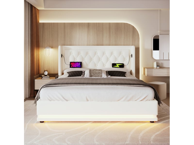  Lit double coffre hydraulique 180x200 cm avec led, usb et usb-c, pu blanc  - Conforama D