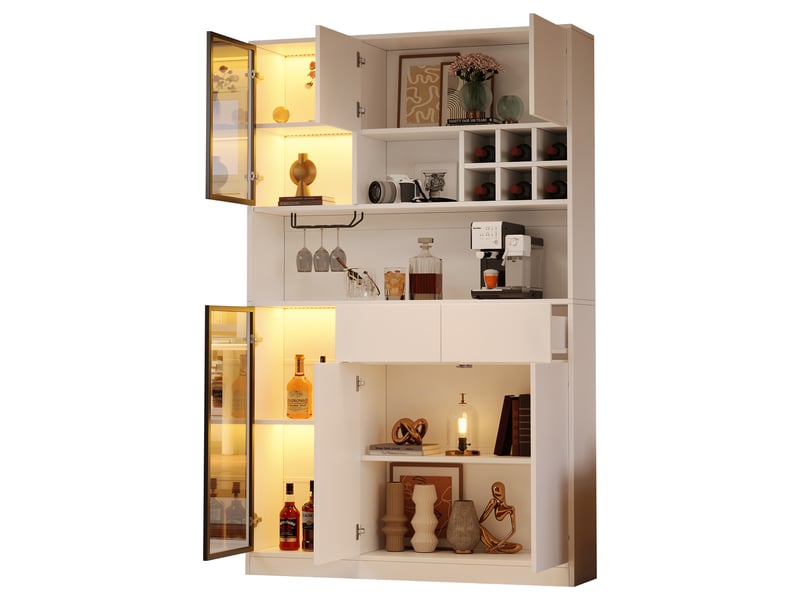  Vitrine haute blanche 120 x 33 x 200 cm, meuble vitrine avec éclairage led, portes en verre trempé  - Conforama A