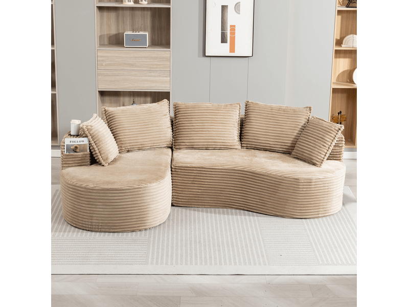  Canapé 3 places ulevr incurvé avec porte-gobelets, poches latérales, velours côtelé taupe, 250 x 152 x 82 cm  - Conforama E