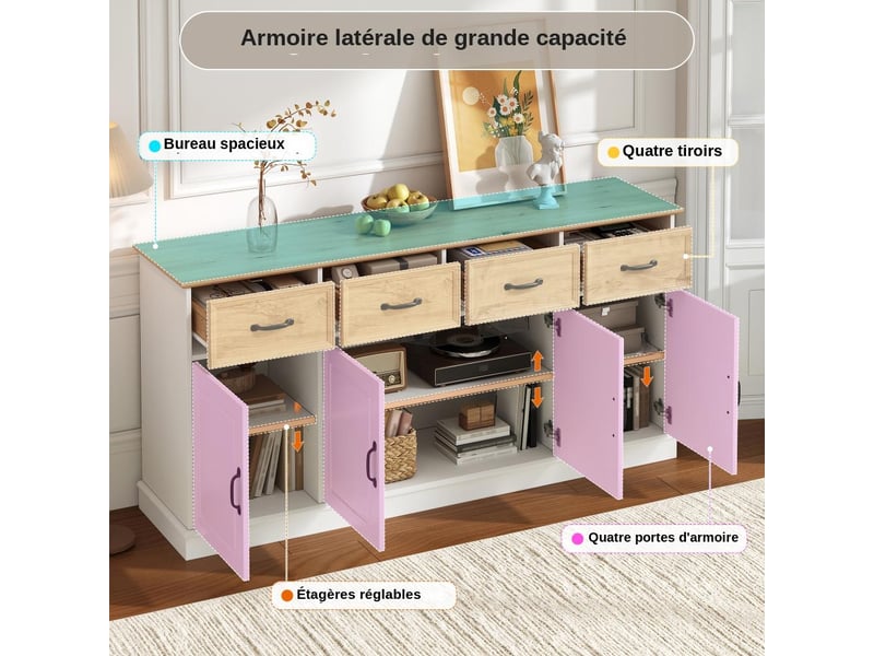  Buffet 4 tiroirs 4 portes en mdf poignées en fer pour salon salle à manger et entrée  - Conforama C