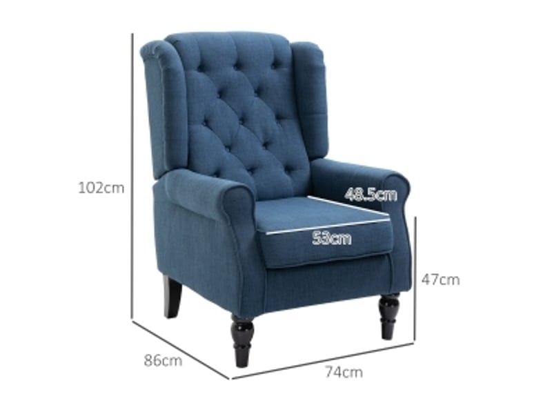  Fauteuil à oreilles capitonné avec dossier haut, assise rembourrée, pieds en bois et patins feutrés, bleu  - Conforama C