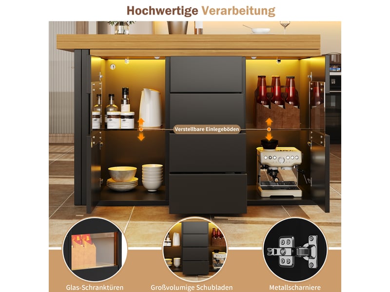  Îlot de cuisine noir rotatif 360° 120–197cm avec led rgb via appli, portes vitrées, 4 grands tiroirs, étagères réglables  - Conforama E