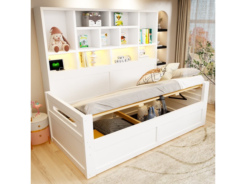  Lit coffre hydraulique 90x200 cm, rangements tête de lit, led et prises intégrées, blanc, sans matelas  - Conforama B