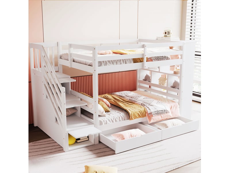  Lit superposé 90 x 200 cm en pin blanc avec escalier et rangements  - Conforama D