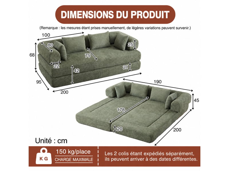 Canapé convertible modulable 2 places 4-en-1 200 x 95 x 68 cm, dossier réglable, sans montage, 4 coussins, tissu chenille vert - Conforama C