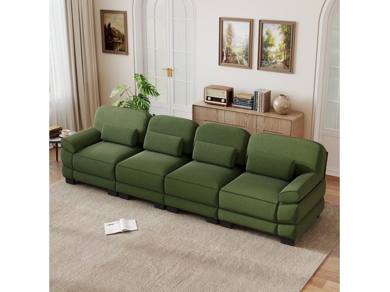 Canapé modulaire 4 places 336x88,5x94 cm, structure solide, fixations, coussins de soutien, velours côtelé, vert  - Conforama A
