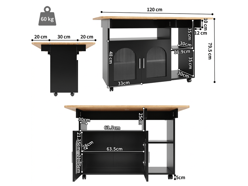  Îlot de cuisine noir avec table pliante buffet de rangement portes vitrées 120 cm  - Conforama C