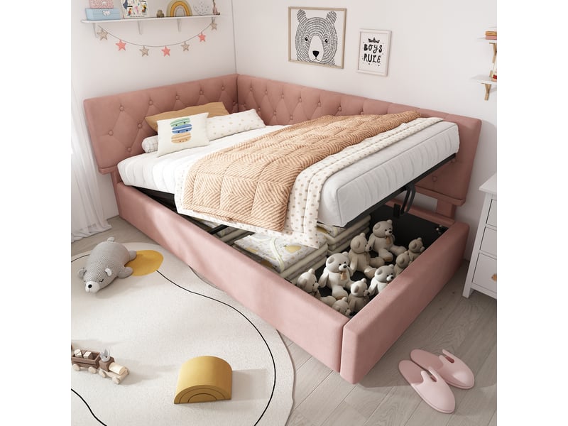  Lit banquette simple 90x200 cm en velours rose avec coffre hydraulique et dossier réversible, sans matelas  - Conforama C