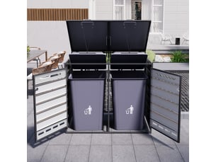 Coffre à poubelles double en fer antirouille, couvercle hydraulique, revêtement imitation bois, ventilation et serrures.